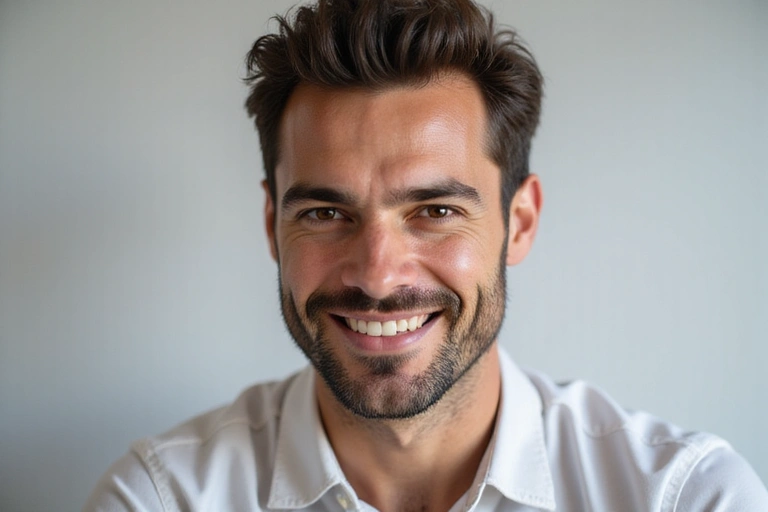 A man smiling confidently, showcasing healthy skin, representing men's health and grooming.