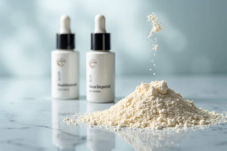 Close-up of collagen peptides powder and hyaluronic acid serum bottles, with gentle lighting and a scientific feel.