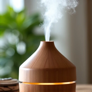 Aromatic essential oil diffuser with natural wood accents.