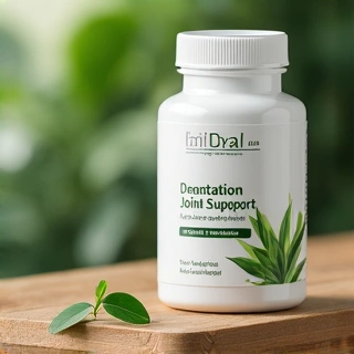 Natural joint support supplement bottle with green leaf motifs.