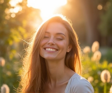 Radiant, beautiful woman in a natural setting, symbolizing women's beauty and wellness.