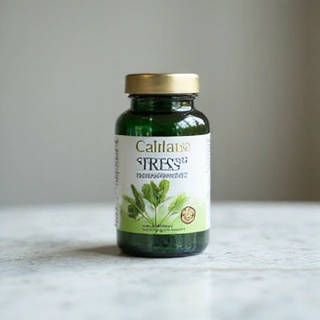 Stress relief herbal supplement bottle.